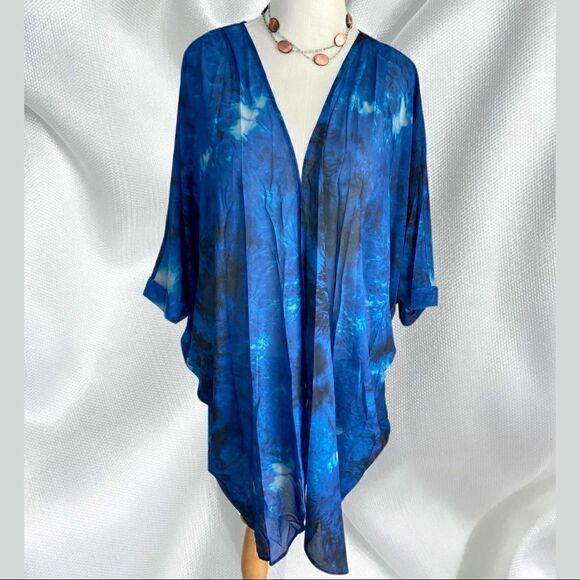 New! Multi-Blue Tie Dye Long Chiffon Kimono Beach Cover - Picture 6 of 8